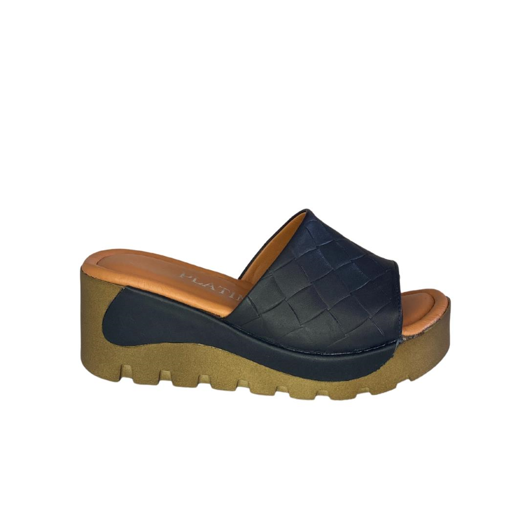 Hakiki Deri Siyah Kadın Örgü Detaylı Terlik