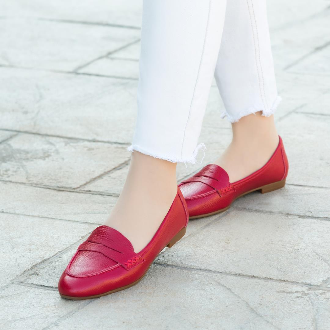 Kırmızı Deri Kadın Babet Ayakkabı