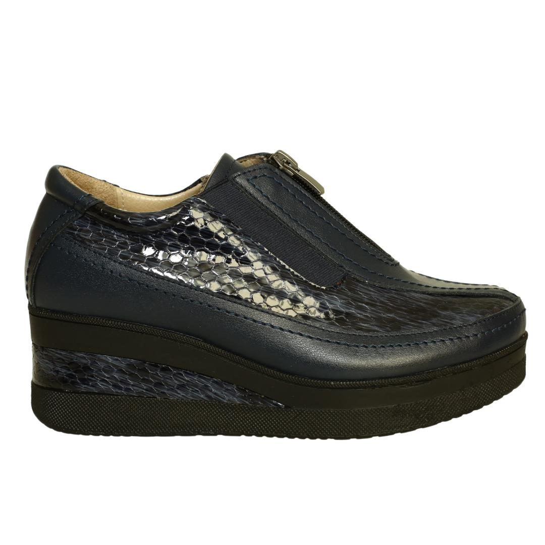 Lacivert Deri Python Baskı Kadın Dolgu Topuk Ayakkabı