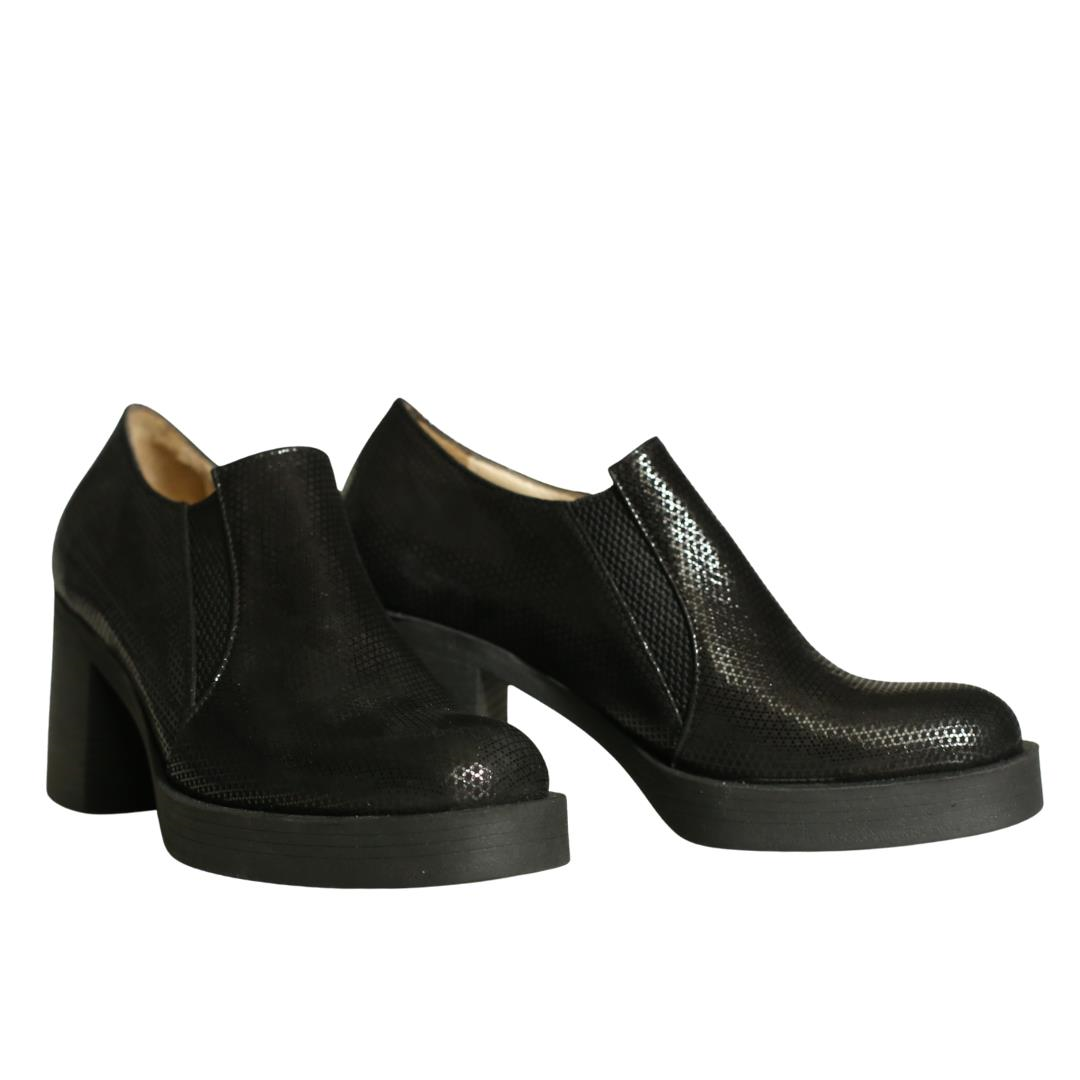 Siyah Baskı Deri Kadın Günlük Topuklu Ayakkabı