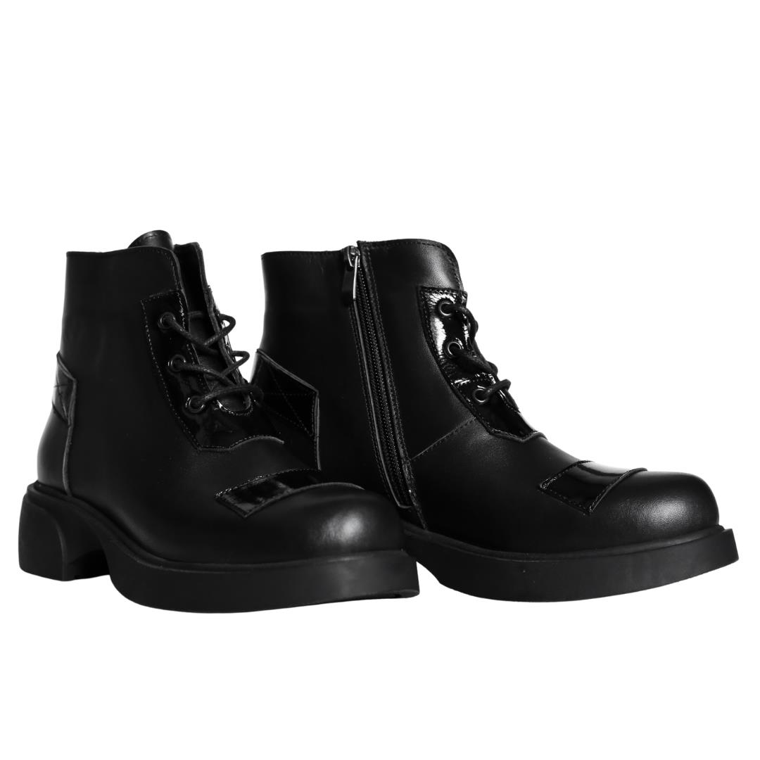 Siyah Deri Kadın Fermuarlı Bot