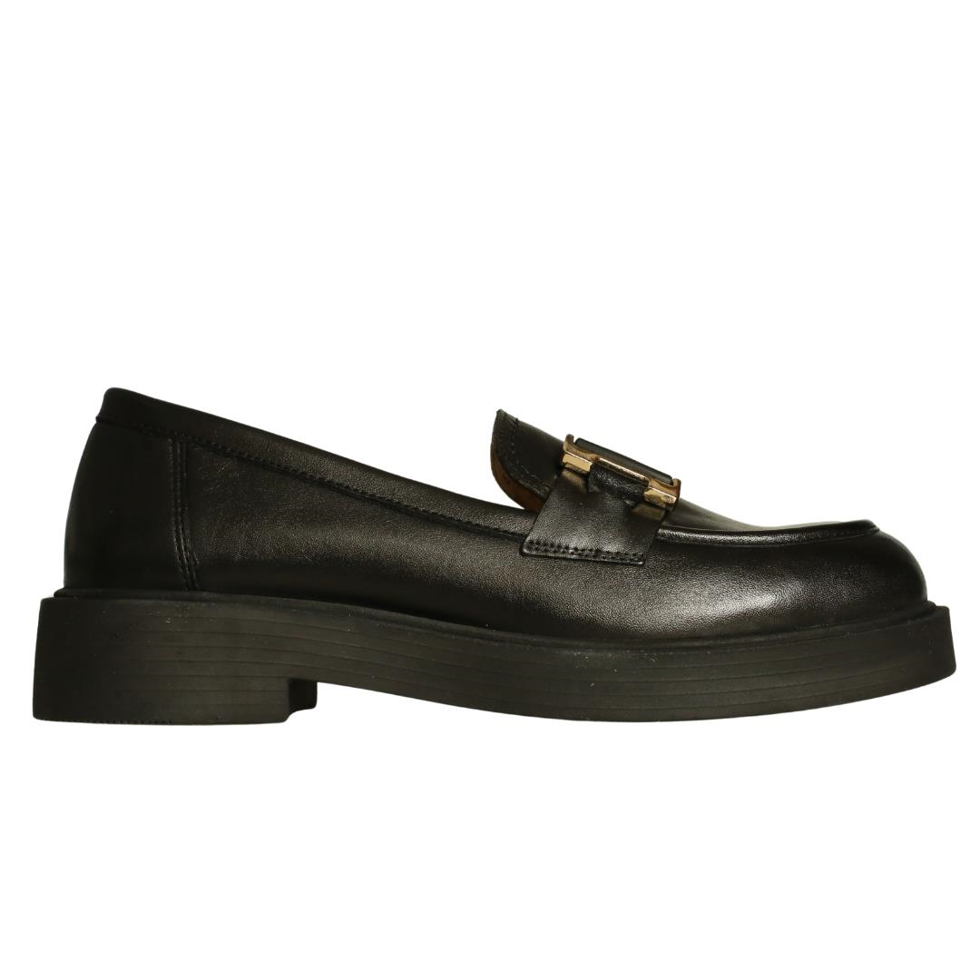 Siyah Deri Kadın Tokalı Loafer
