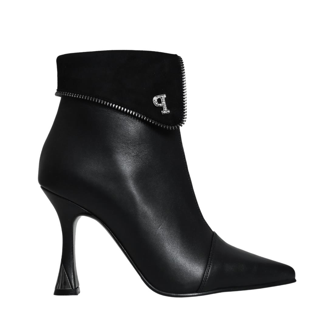 Siyah Deri Kadın Topuklu Bot