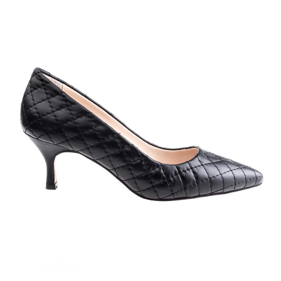 Siyah Deri Kapitone Baskı Kadın Stiletto