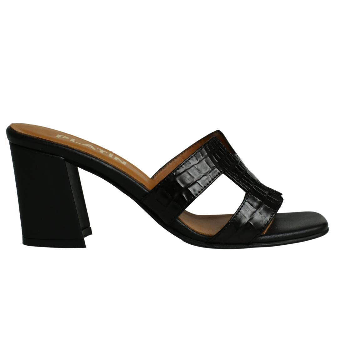 Siyah Deri Pyton Baskı Kadın Topuklu Terlik