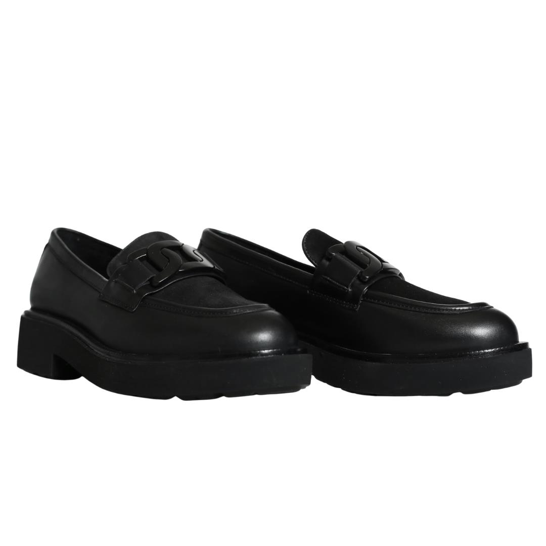 Siyah Deri Tokalı Kadın Loafer