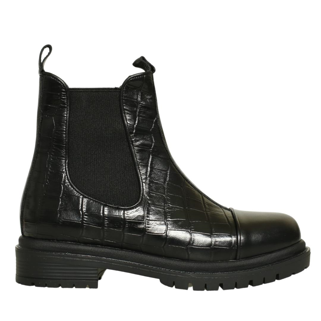 Siyah Kroko Baskı Deri Kadın Lastikli Bot