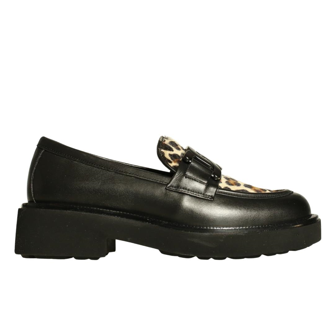 Siyah Leopar Deri Tokalı Kadın Loafer