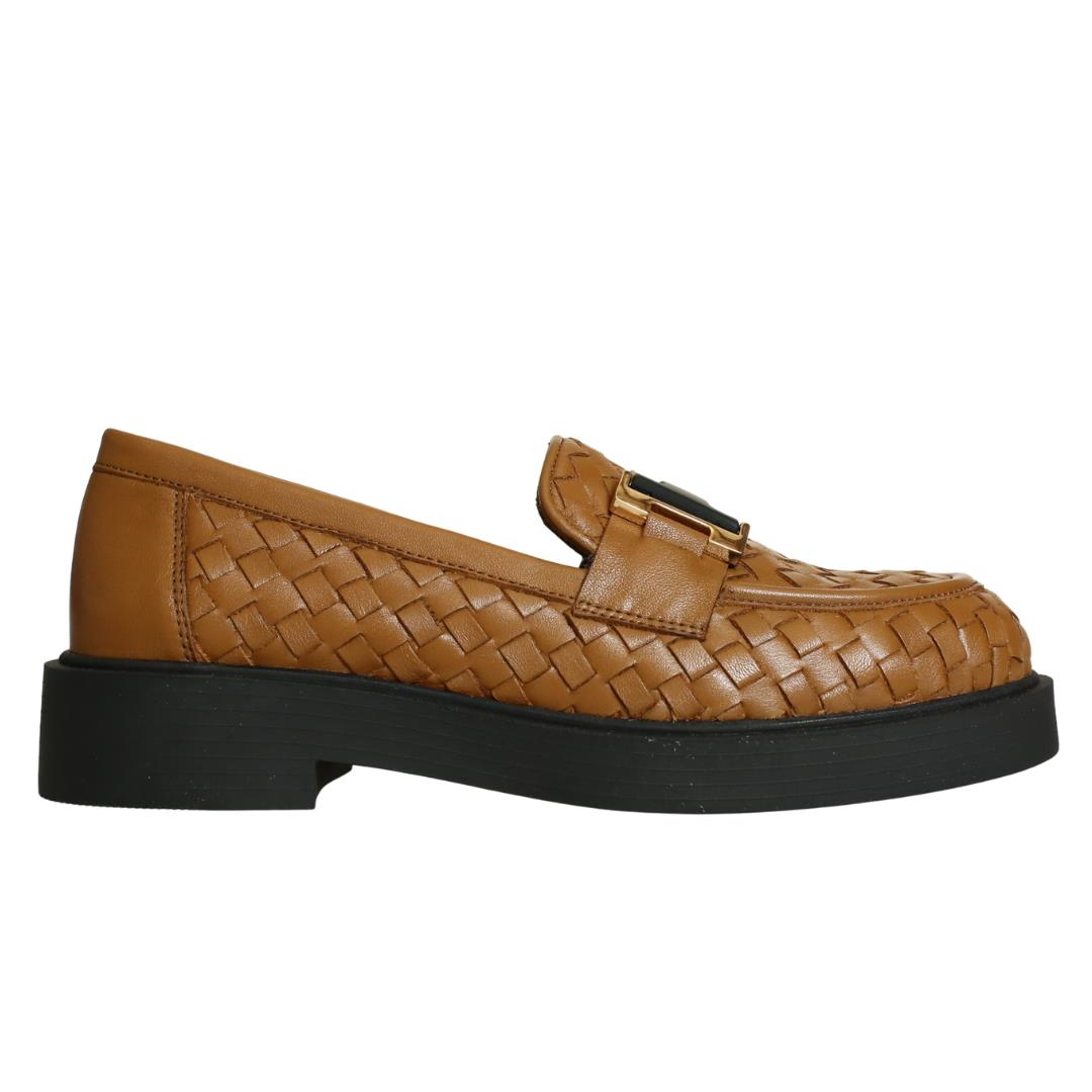 Taba Deri Örgülü Kadın Tokalı Loafer