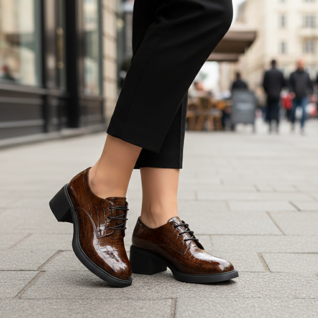 Taba Rugan Kroko Baskı Kadın Bağcıklı Günlük Topuklu Ayakkabı