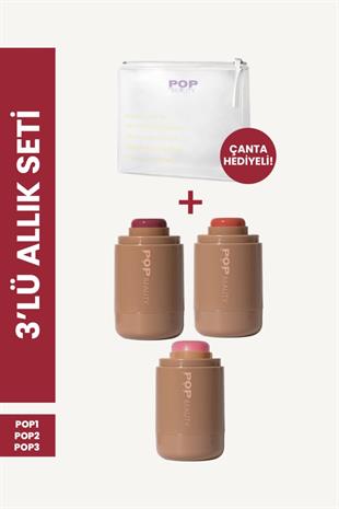 Yanak ve Dudak Renklendirici Stick Allık Seti (3 Renk Allık Ve Makyaj Çantası)