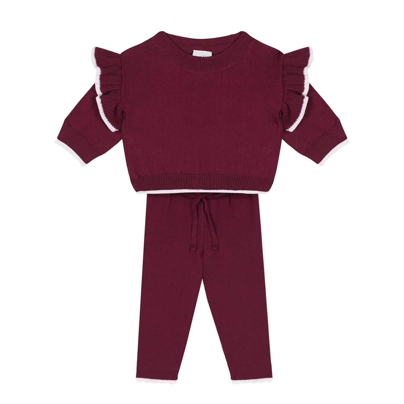 Beyaz Kontrast Detaylı Fırfırlı Bordo Triko Bebek Set