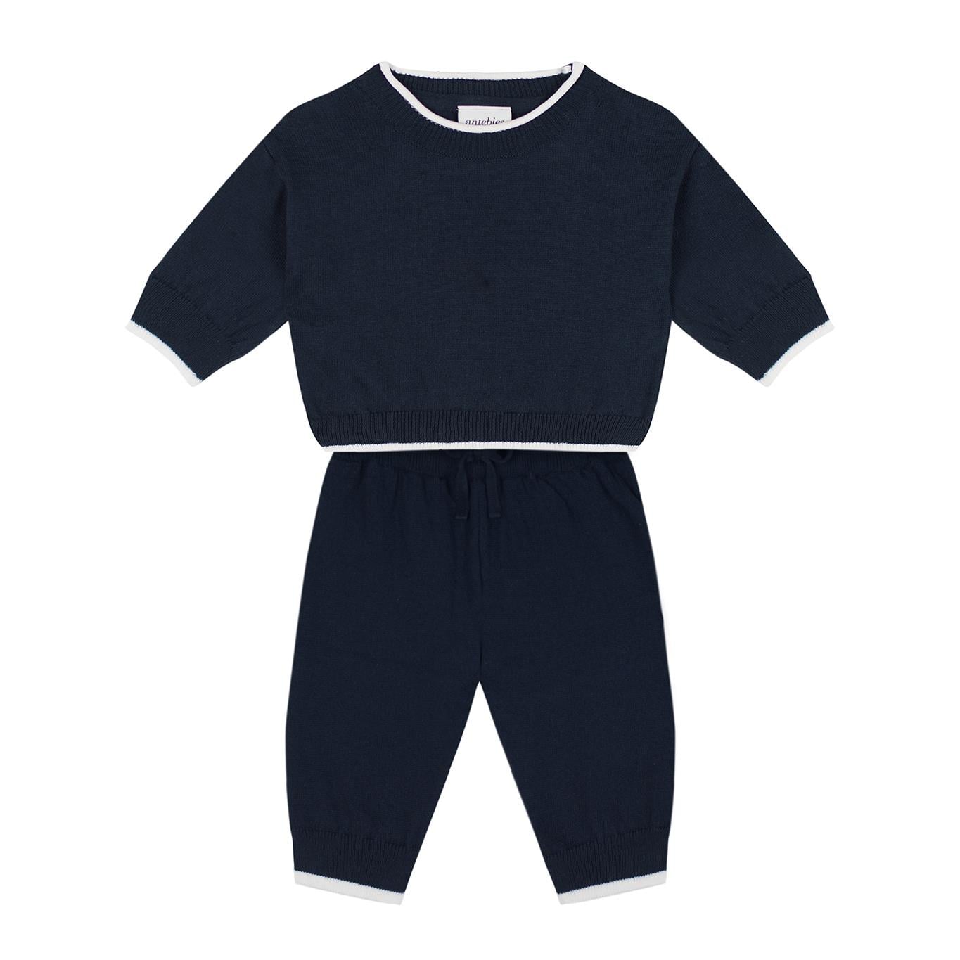 Beyaz Kontrast Detaylı Lacivert Triko Bebek Set