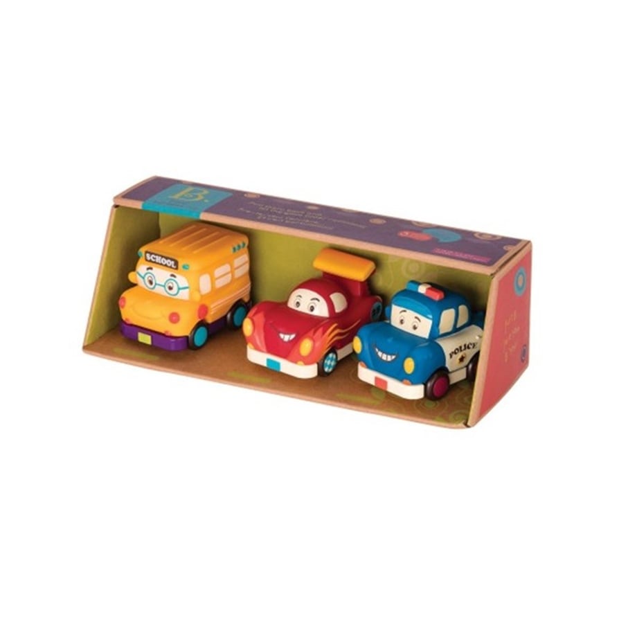 B.Toys 3'Lü Mini Çek-Bırak Araba Seti - Okul Otobüsü/Yarış Arabası/Polis 