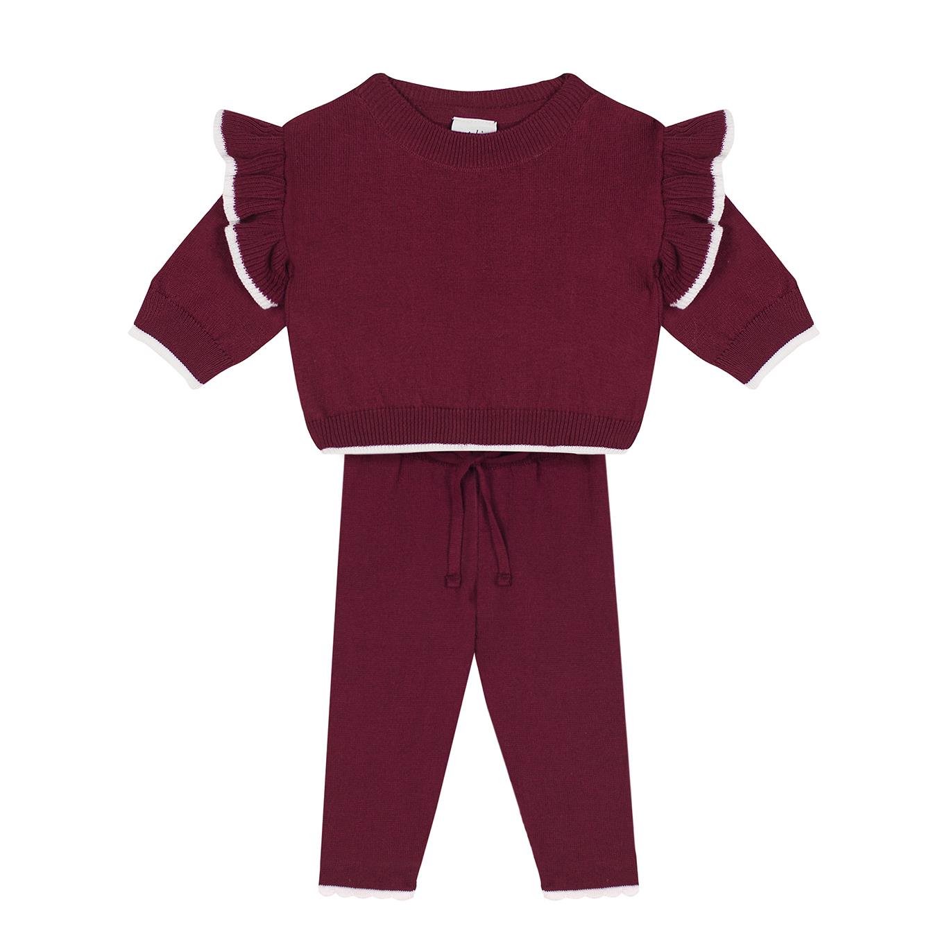 Beyaz Kontrast Detaylı Fırfırlı Bordo Triko Bebek Set