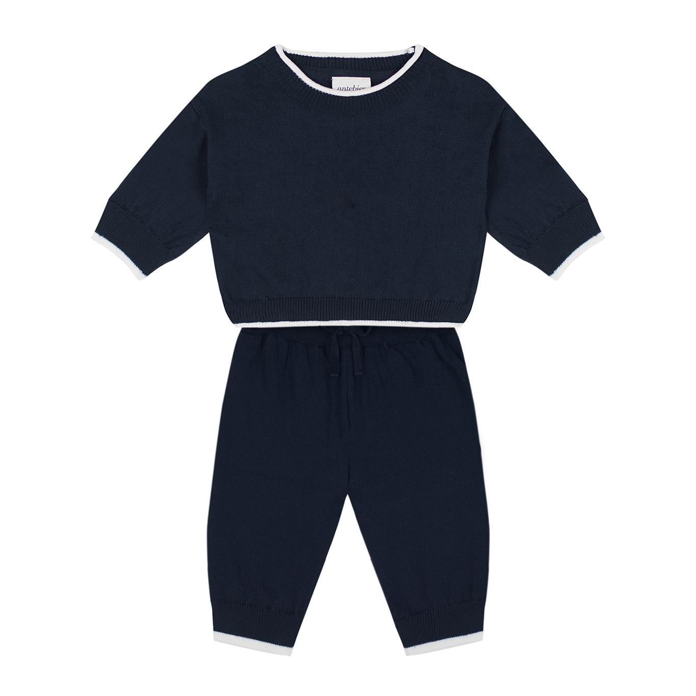Beyaz Kontrast Detaylı Lacivert Triko Bebek Set