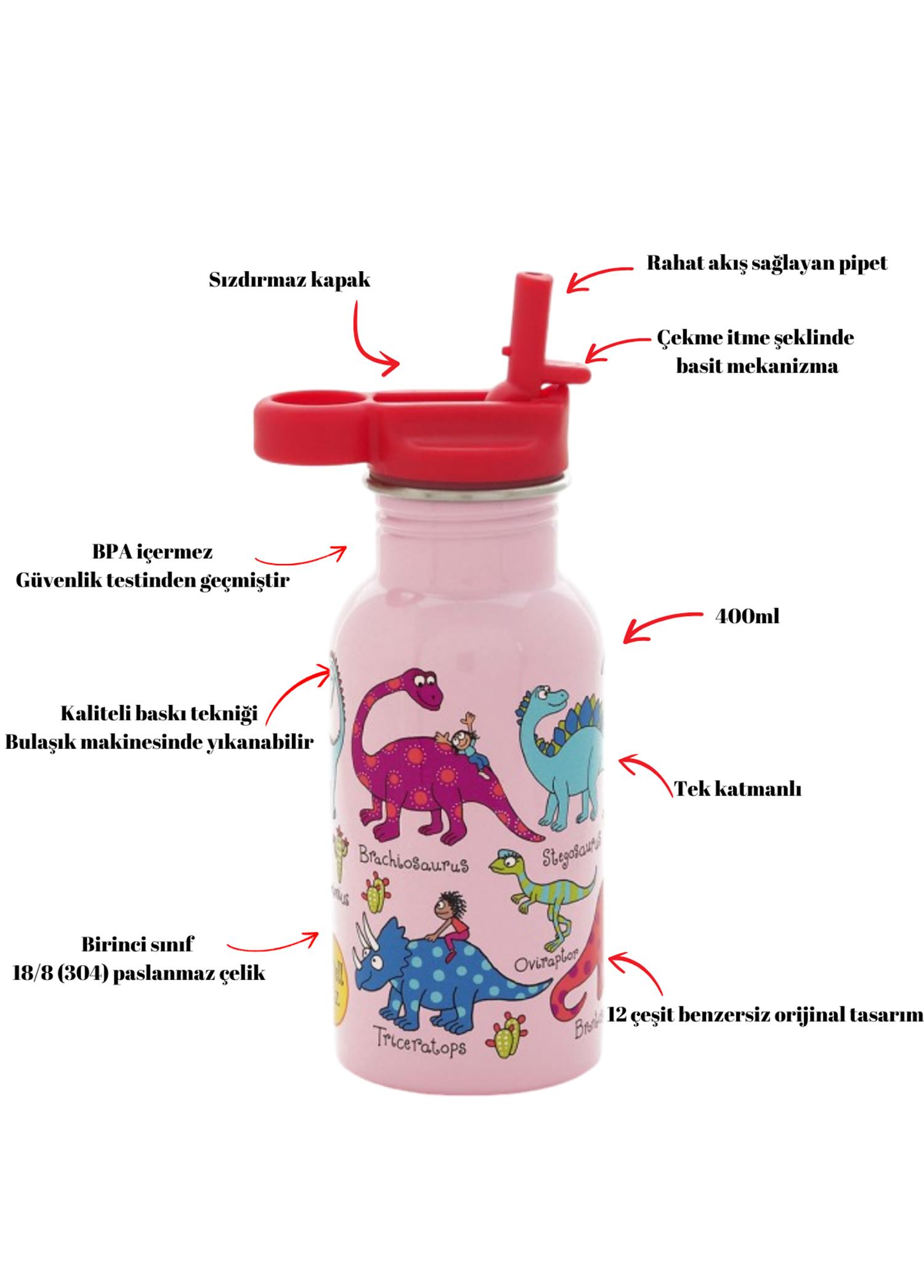Tyrrell Katz 400 ml Pipetli Palanmaz Çelik Matara Pink Dino