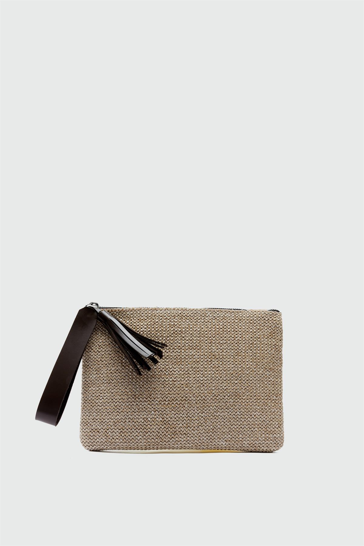 Juno Püskül Detaylı Hasır Clutch Çanta Kahve