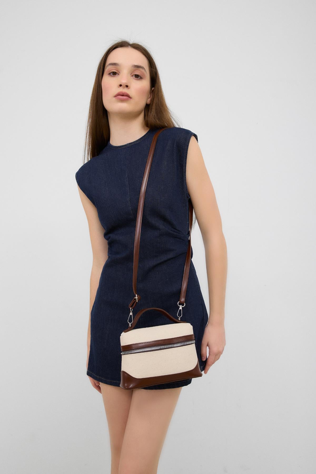 Yoko Box Bag El ve Çapraz Omuz Çanta Krem-Taba