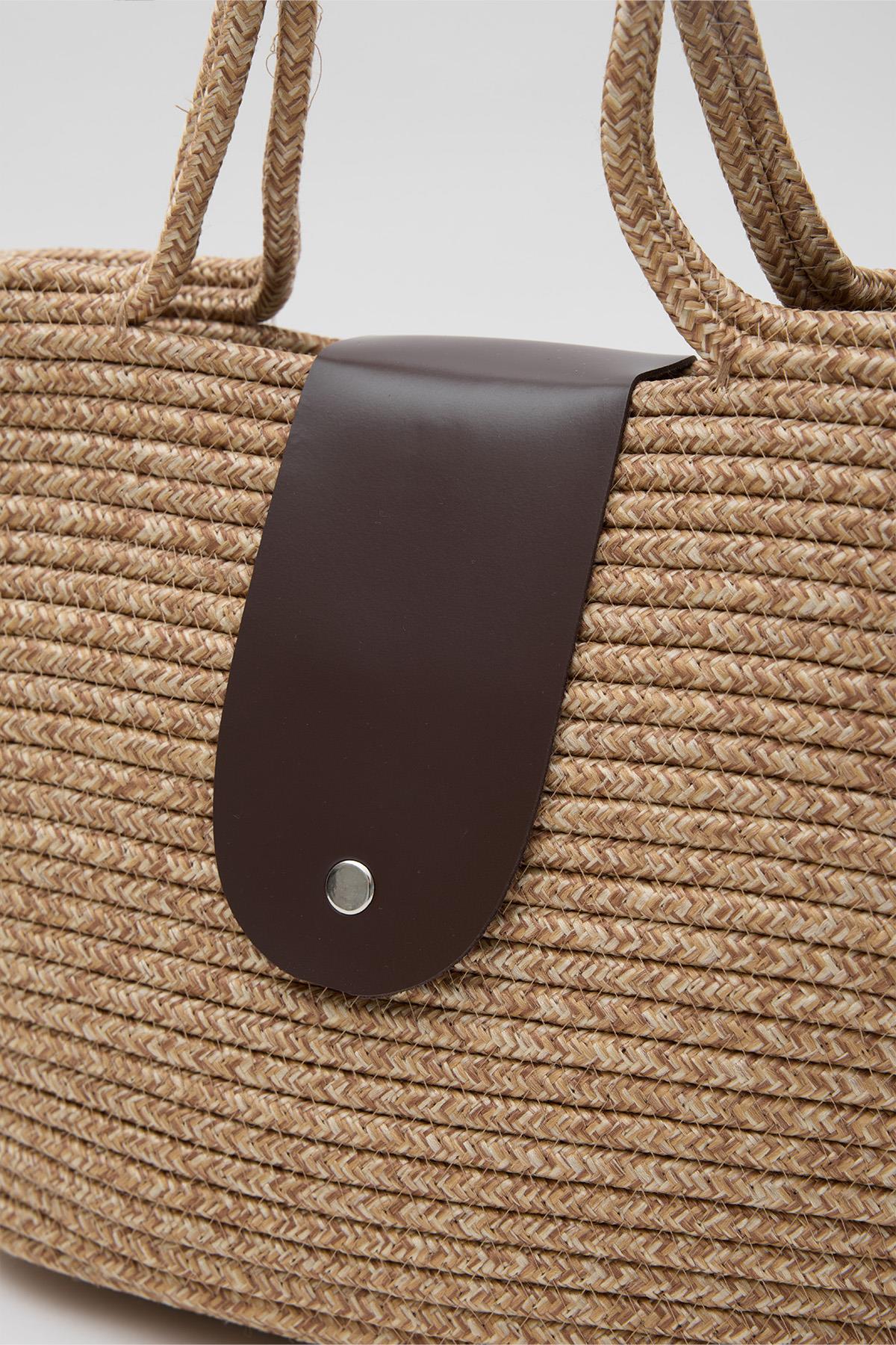 Duffy Kapaklı Handmade Hasır Tote Çanta Kahve