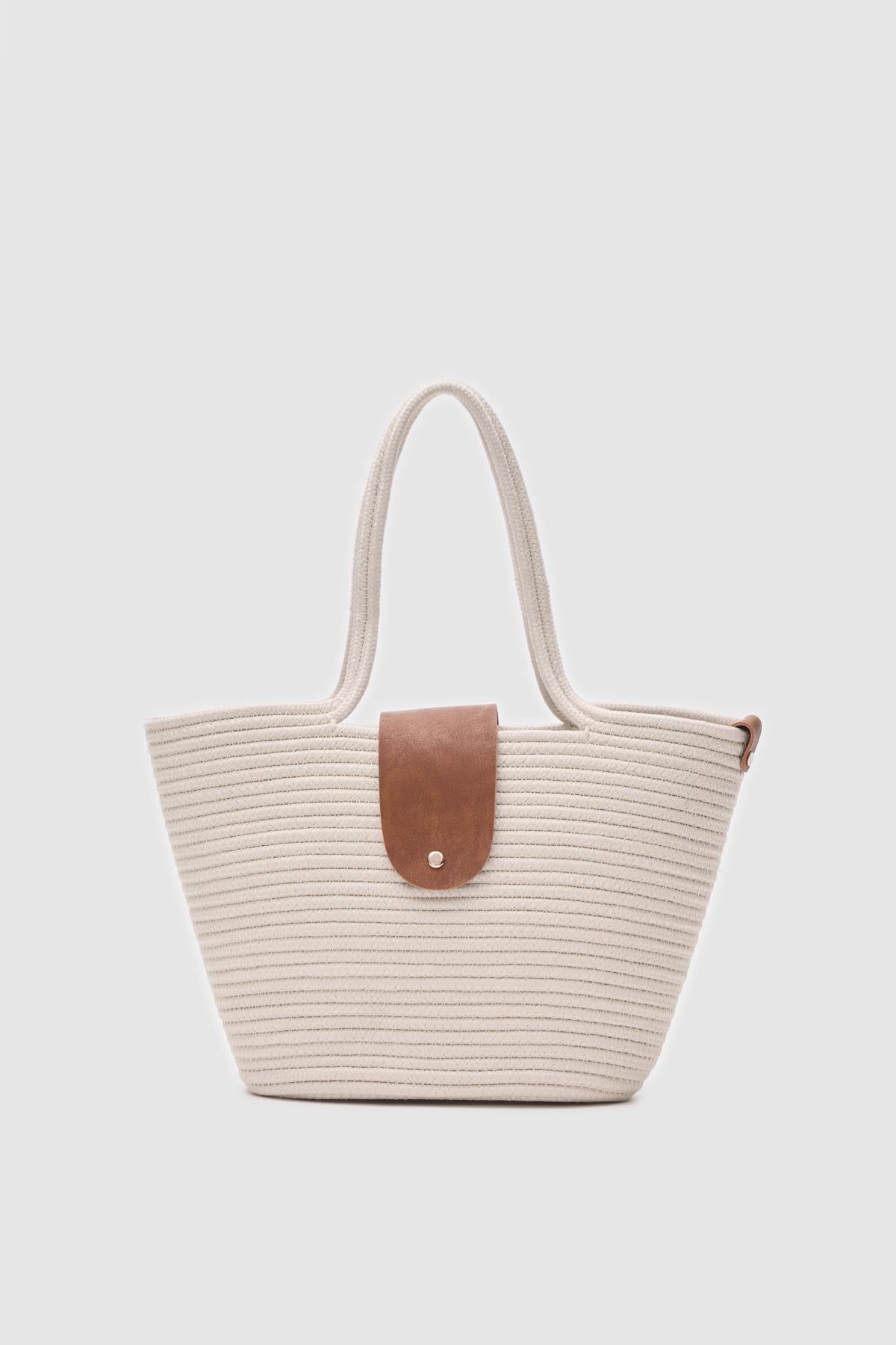 Duffy Kapaklı Handmade Hasır Tote Çanta Krem