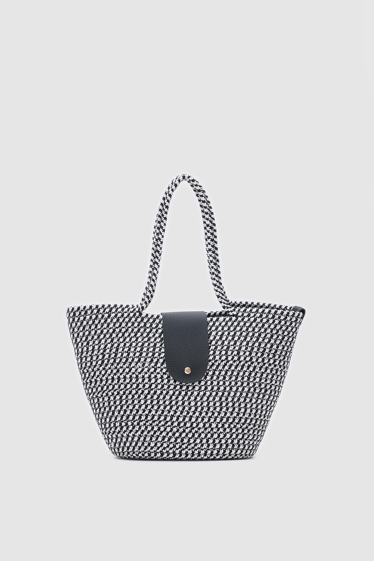 Duffy Kapaklı Handmade Hasır Tote Çanta Siyah