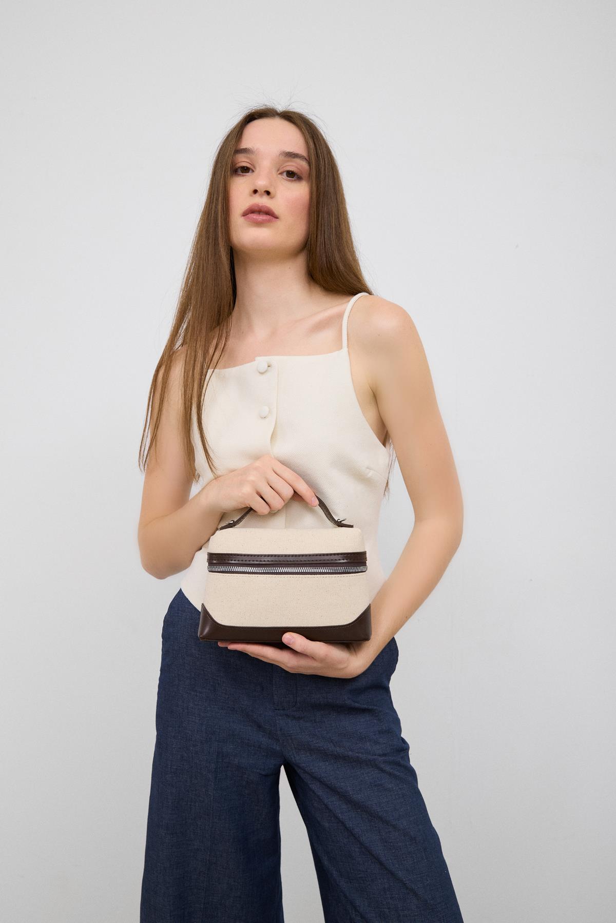 Yoko Box Bag El ve Çapraz Omuz Çanta Krem-Kahve