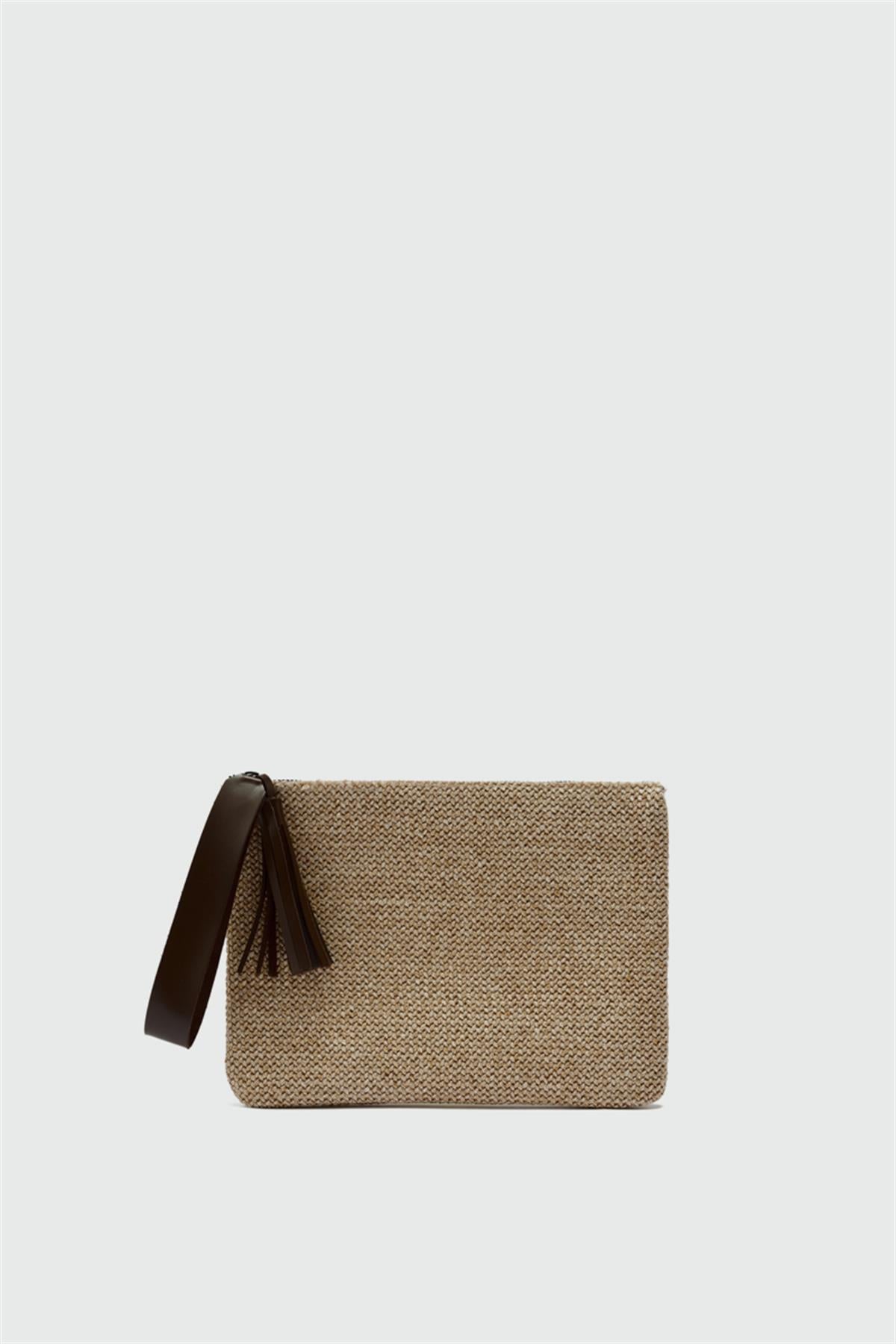 Juno Püskül Detaylı Hasır Clutch Çanta Kahve