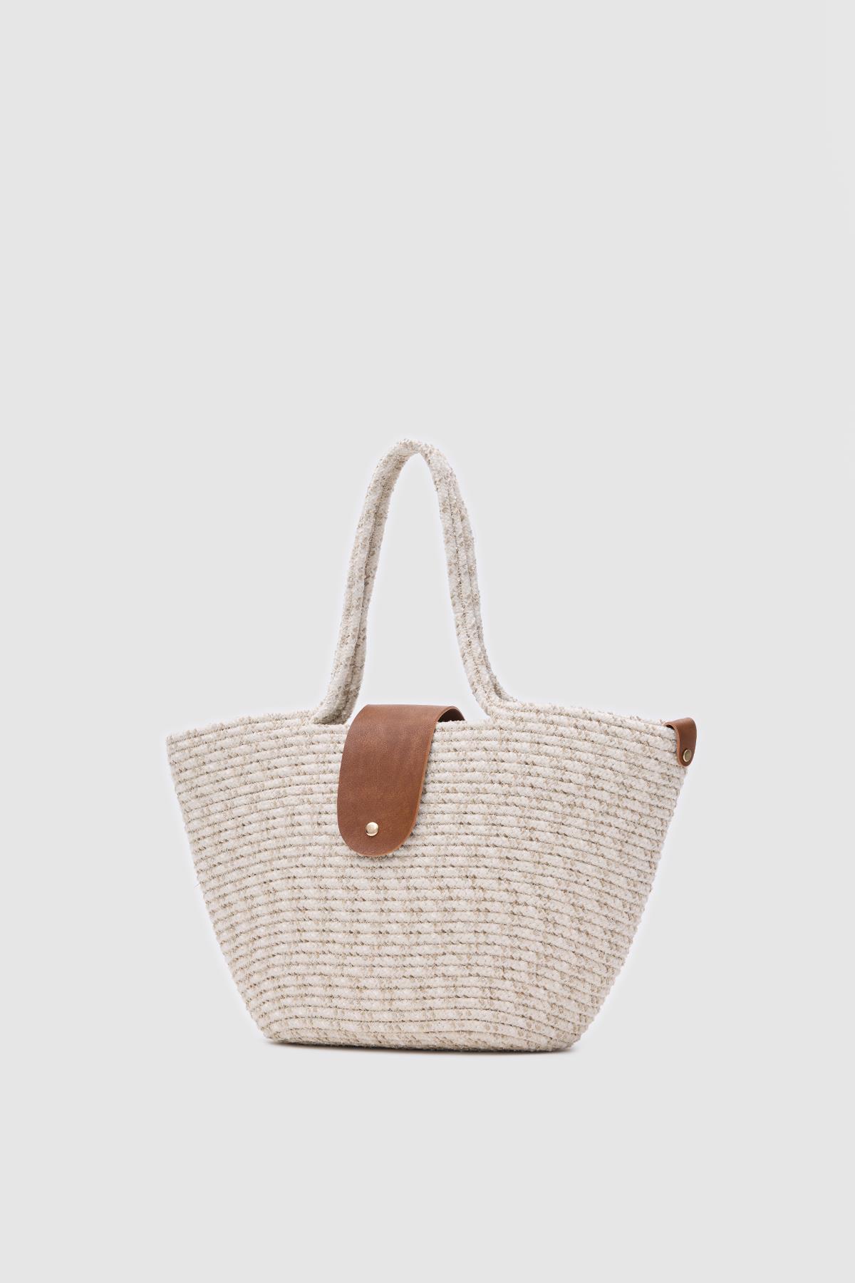 Duffy Kapaklı Handmade Hasır Tote Çanta Simli Ekru
