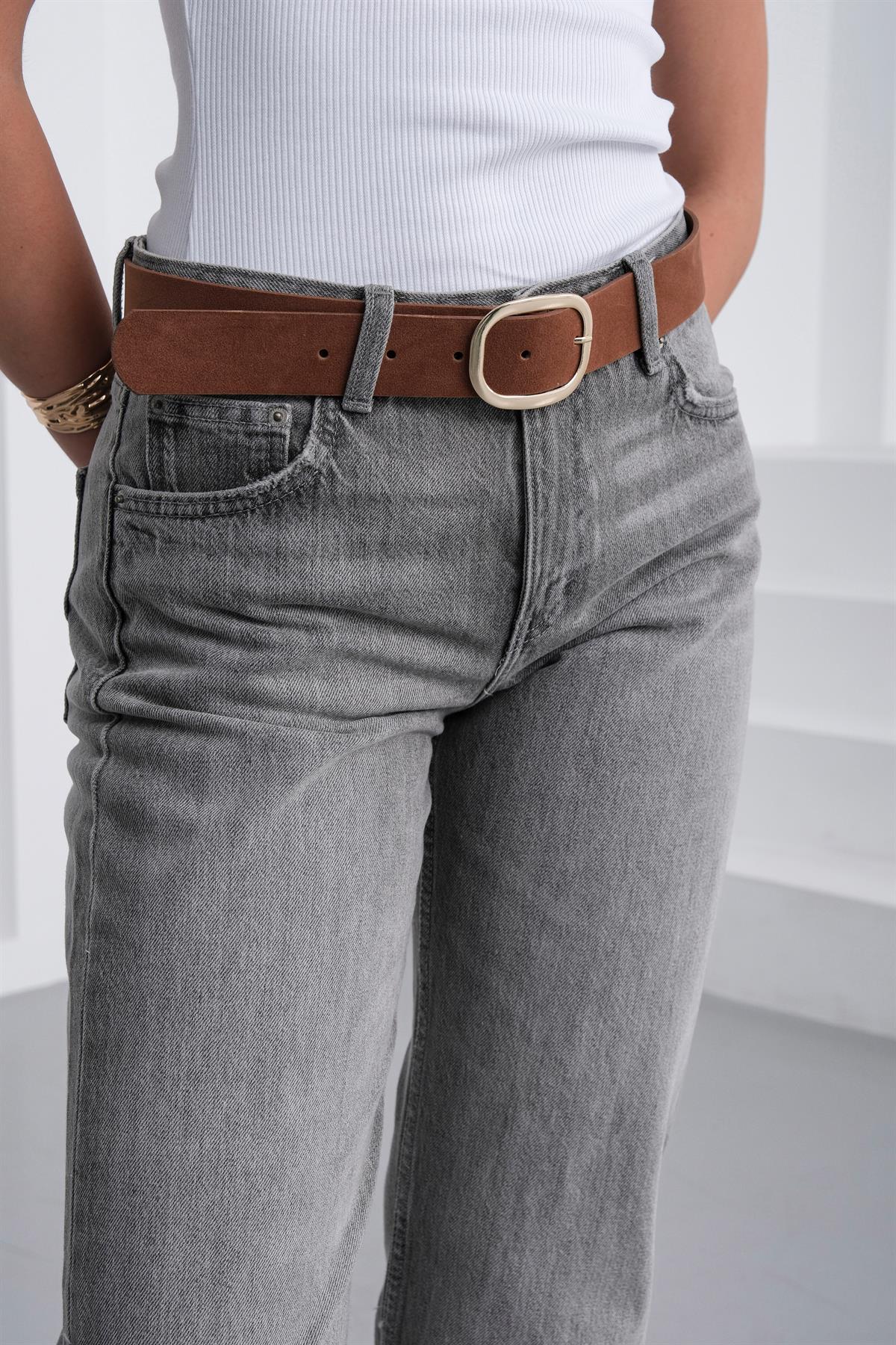 Süet Oval Tokalı Kemer Taba