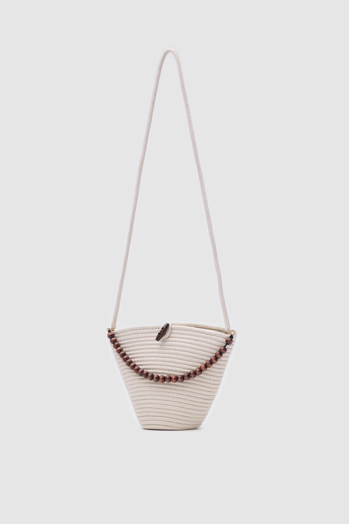Piccolo Handmade Boncuk Detaylı Hasır Çanta Krem