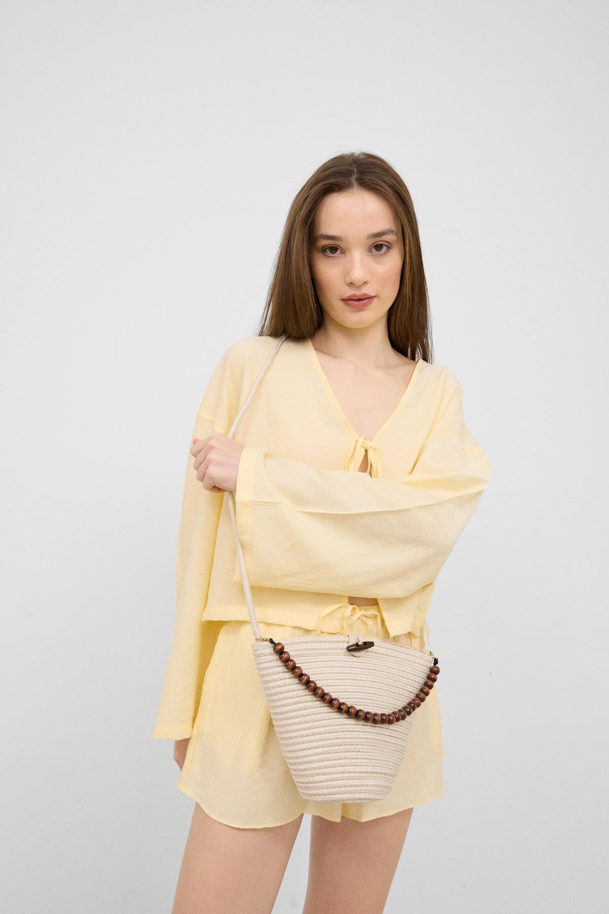 Piccolo Handmade Boncuk Detaylı Hasır Çanta Krem