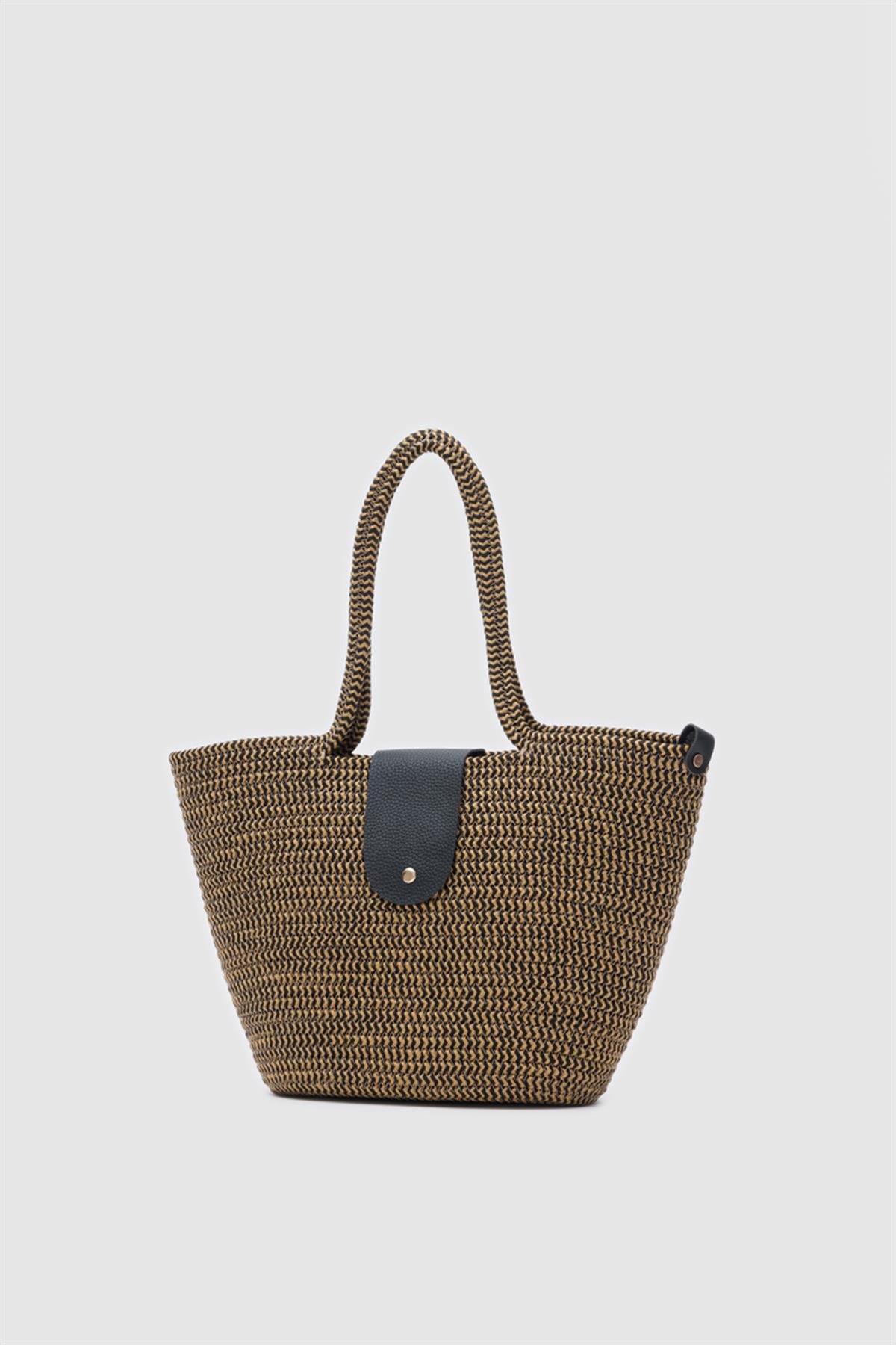 Duffy Kapaklı Handmade Hasır Tote Çanta Hardal Sarısı