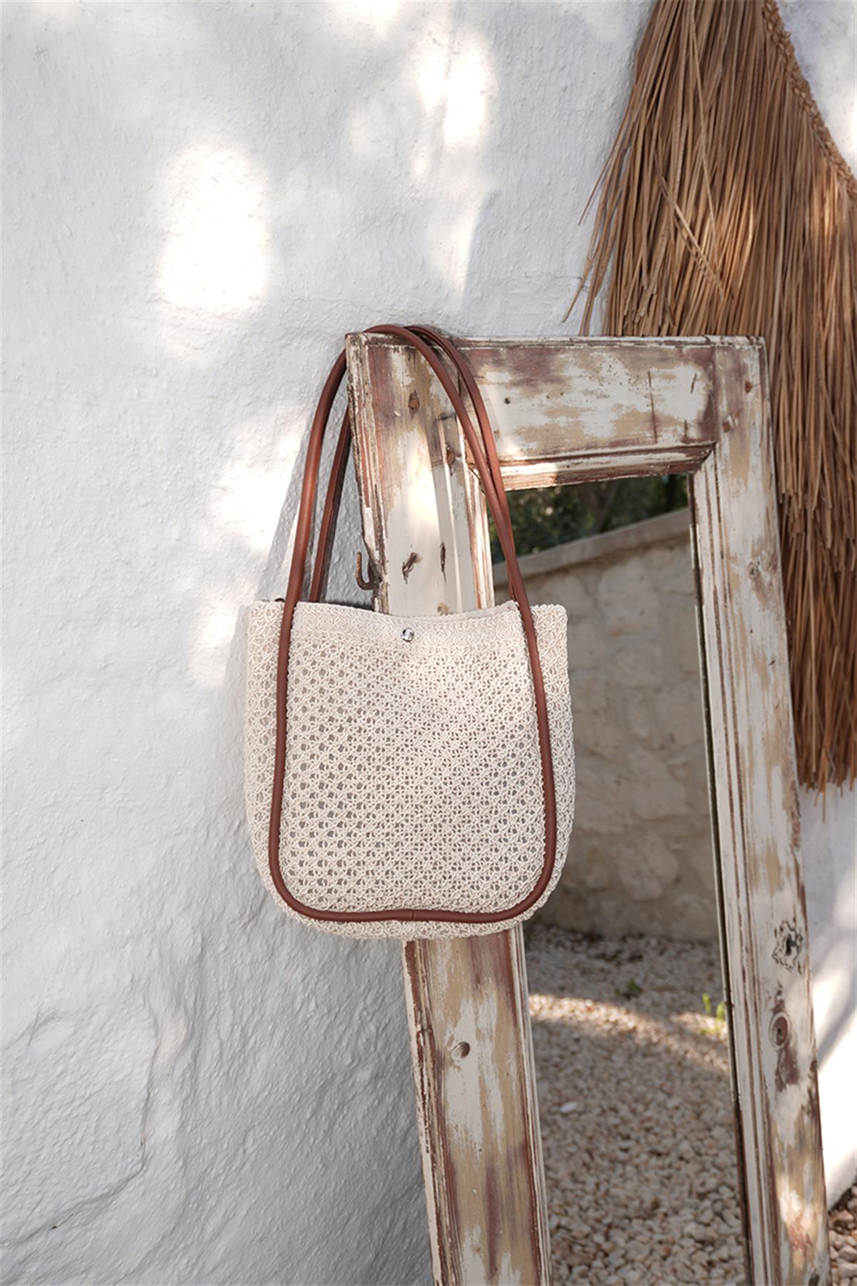 Palma Handmade Midi Hasır Omuz Çantası Krem