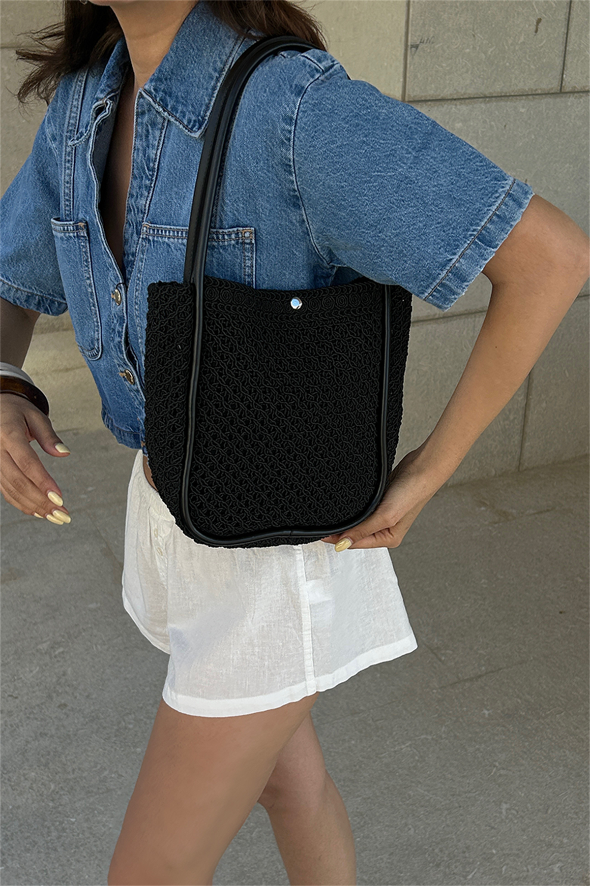 Palma Handmade Midi Hasır Omuz Çantası Siyah