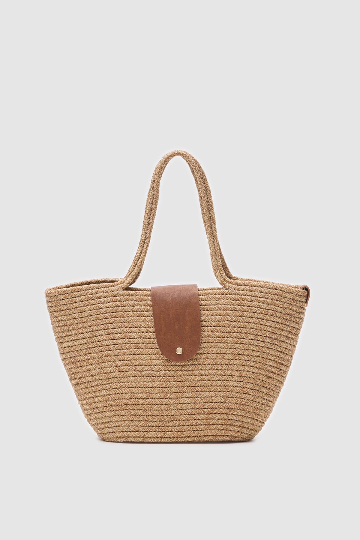 Duffy Kapaklı Handmade Hasır Tote Çanta Vizon