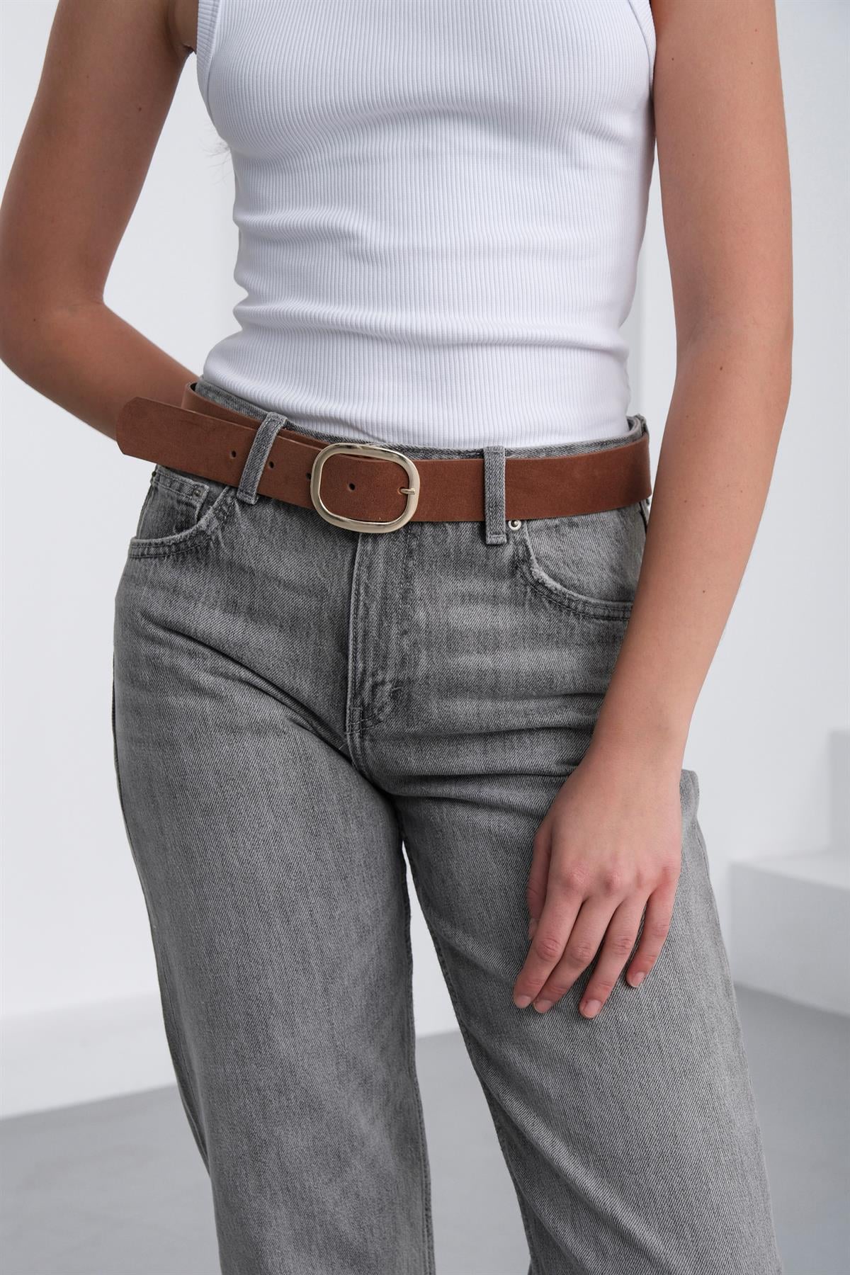 Süet Oval Tokalı Kemer Taba