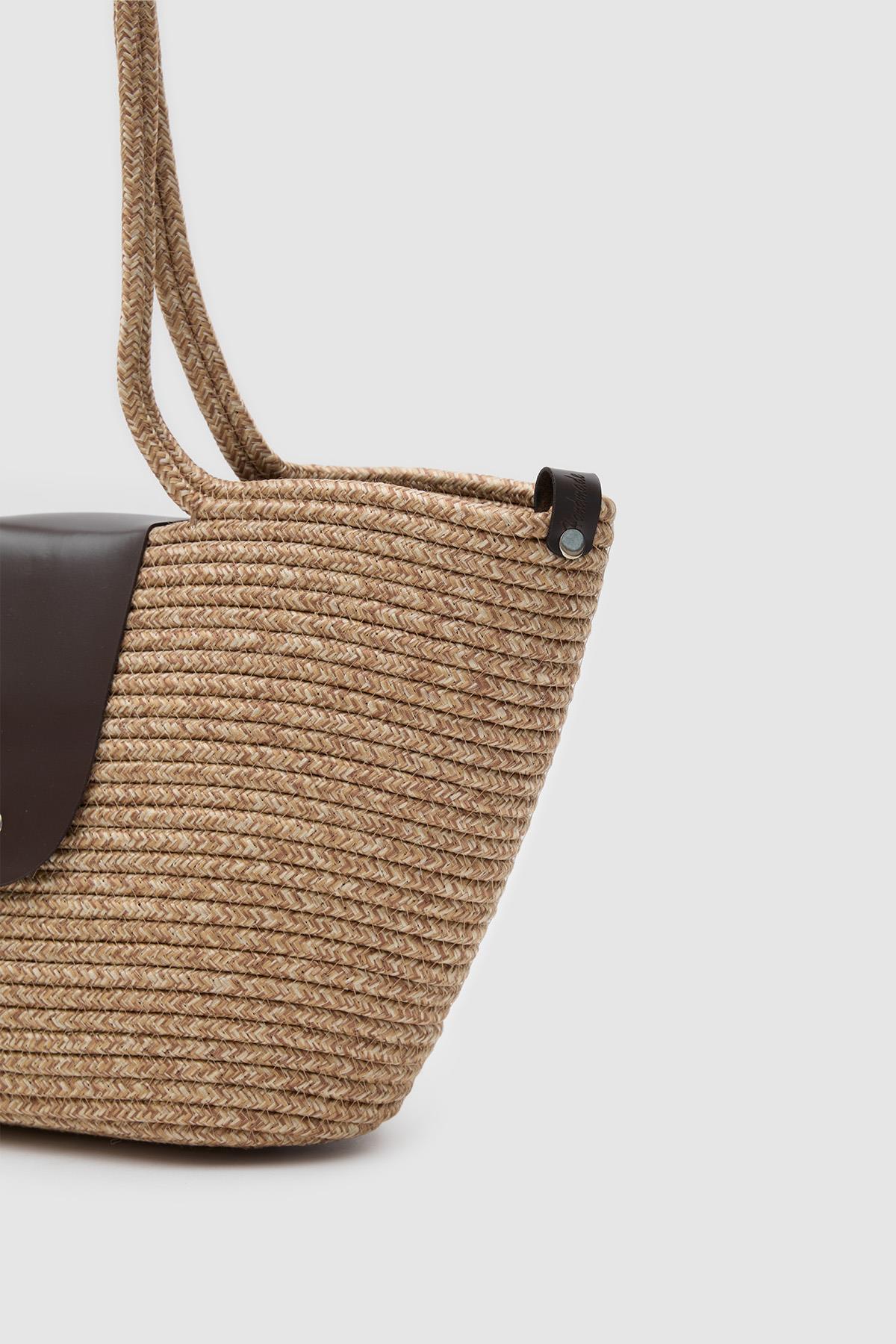Duffy Kapaklı Handmade Hasır Tote Çanta Kahve