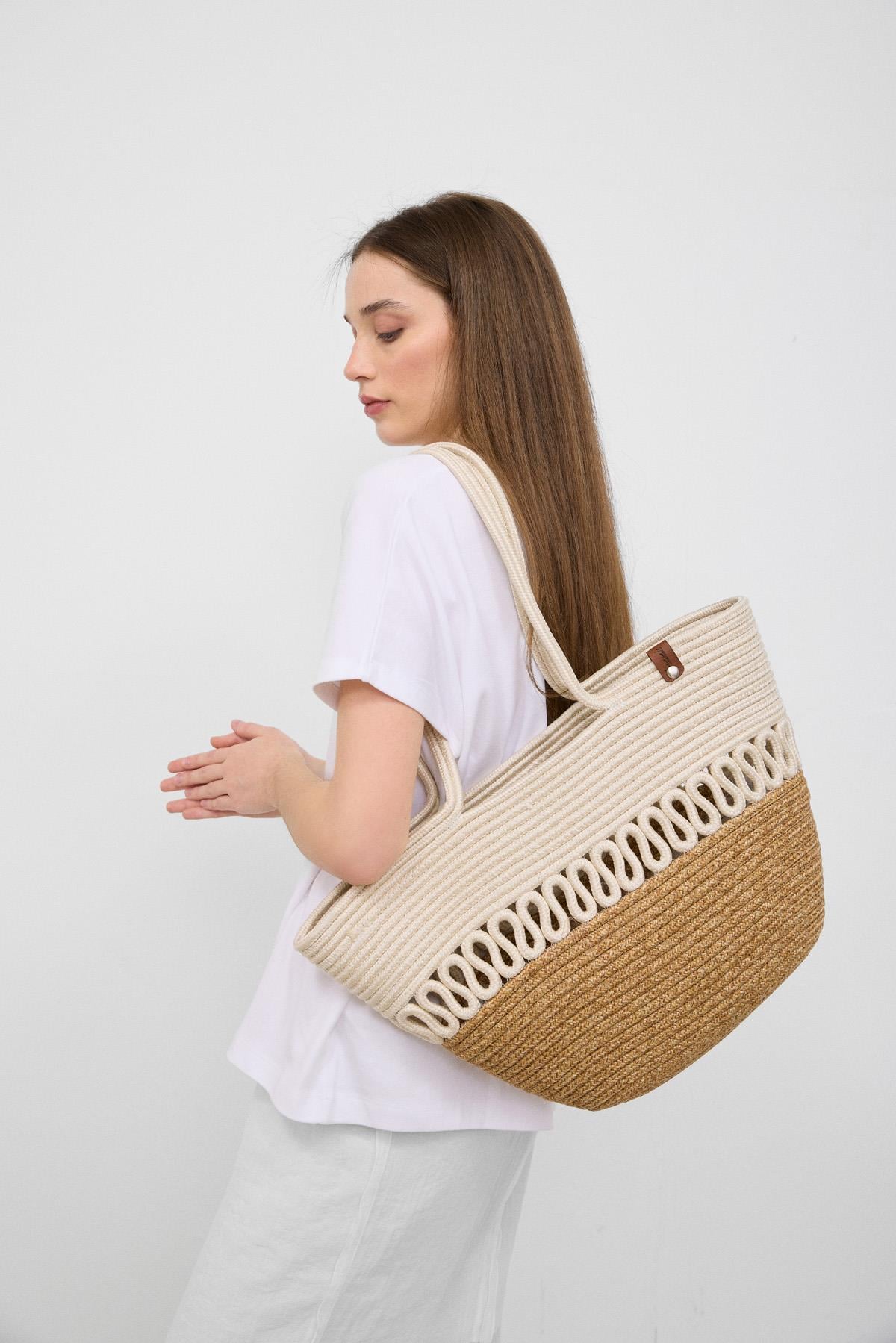 Miami Handmade Hasır Omuz Çantası Krem