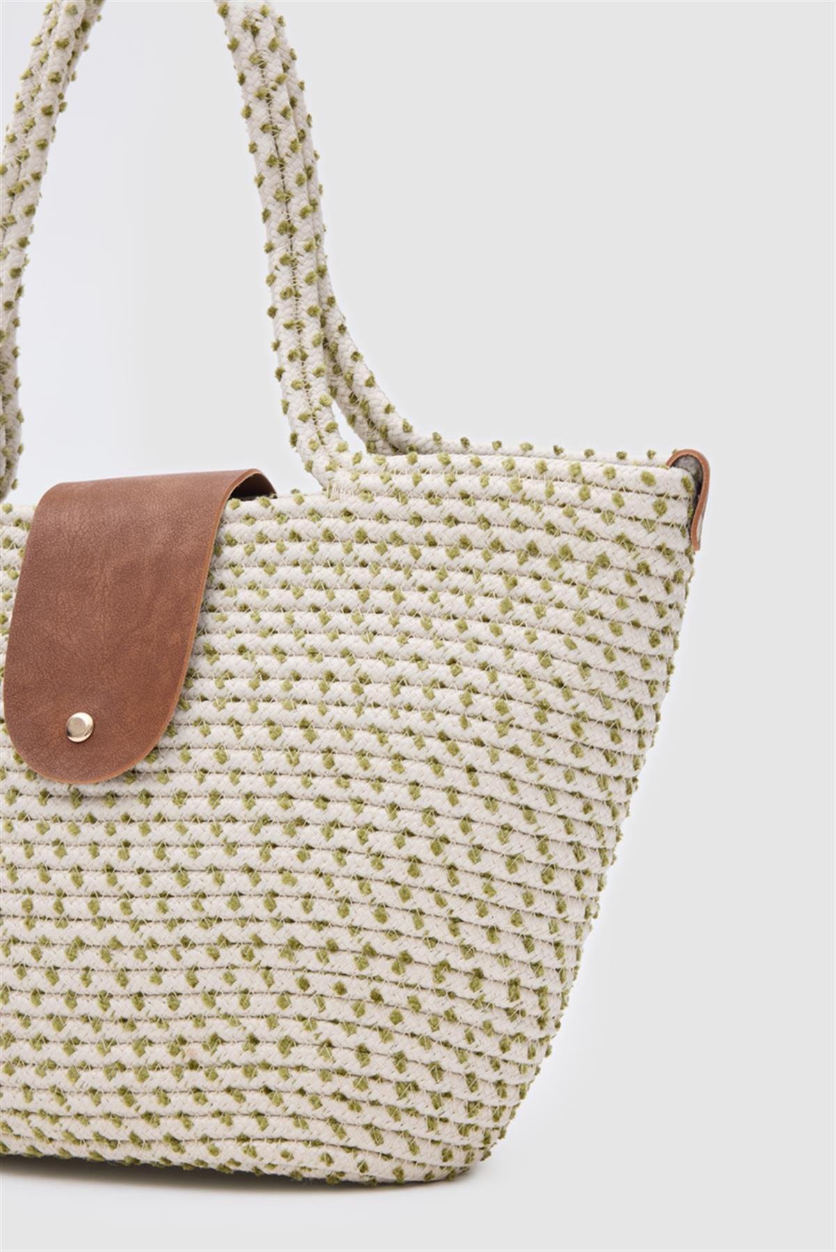 Duffy Kapaklı Handmade Hasır Tote Çanta Haki Yeşil