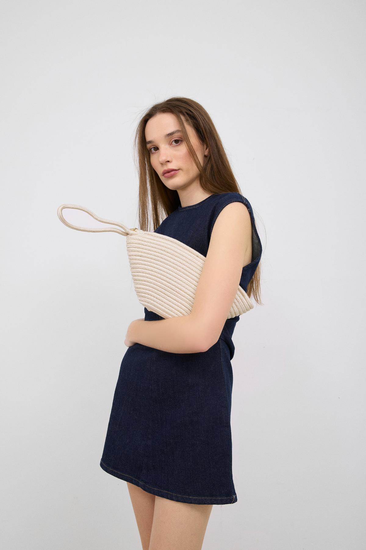 Rome Handmade Hasır Clutch Çanta Krem