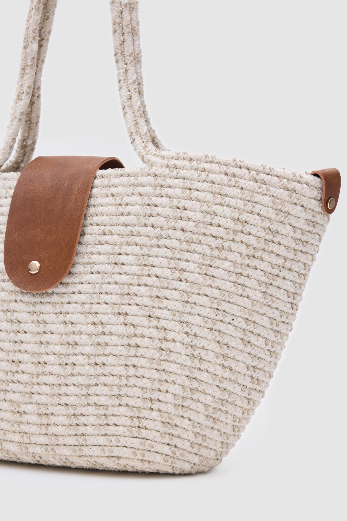 Duffy Kapaklı Handmade Hasır Tote Çanta Simli Ekru