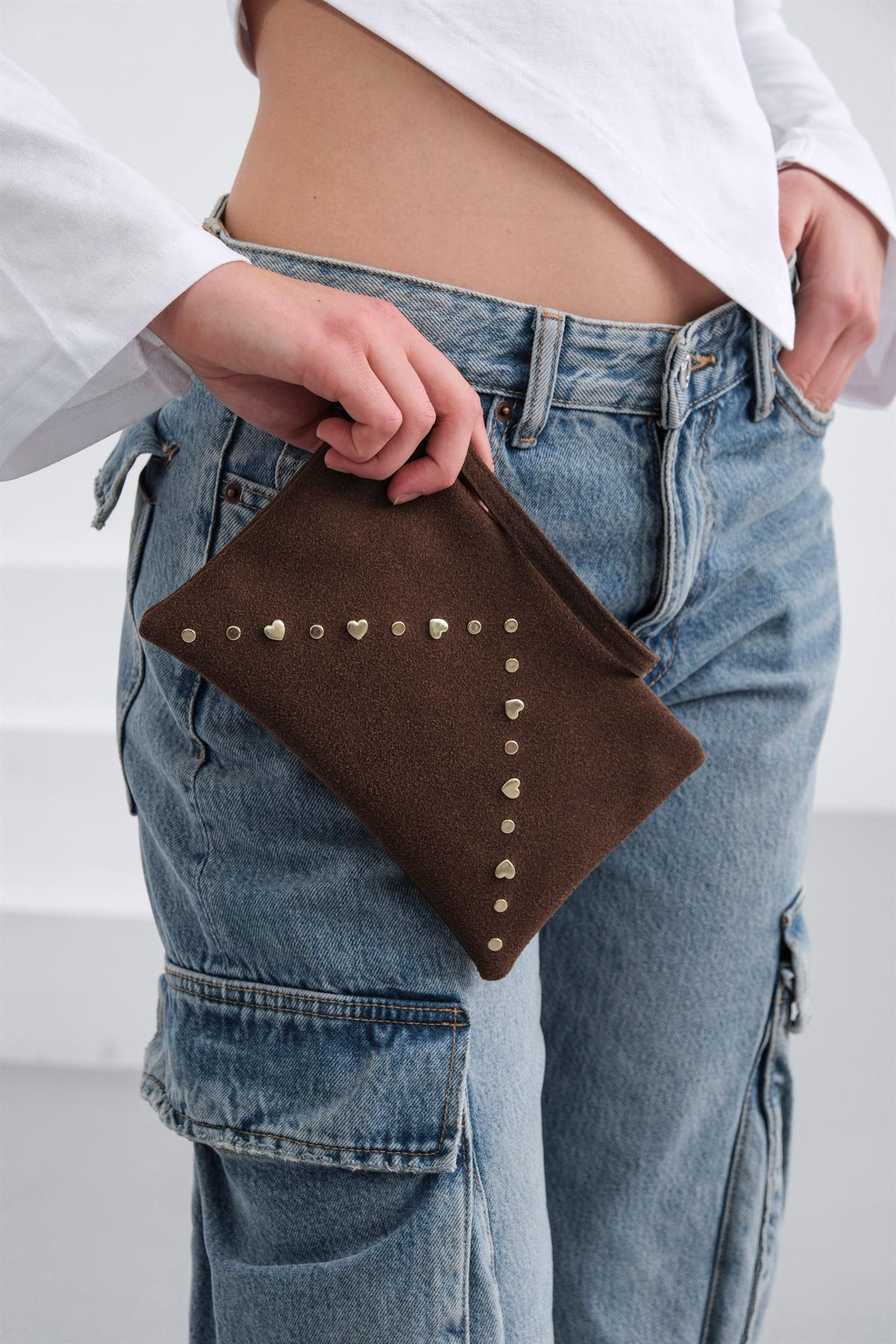 Geez Troklu Clutch Çanta Kahve