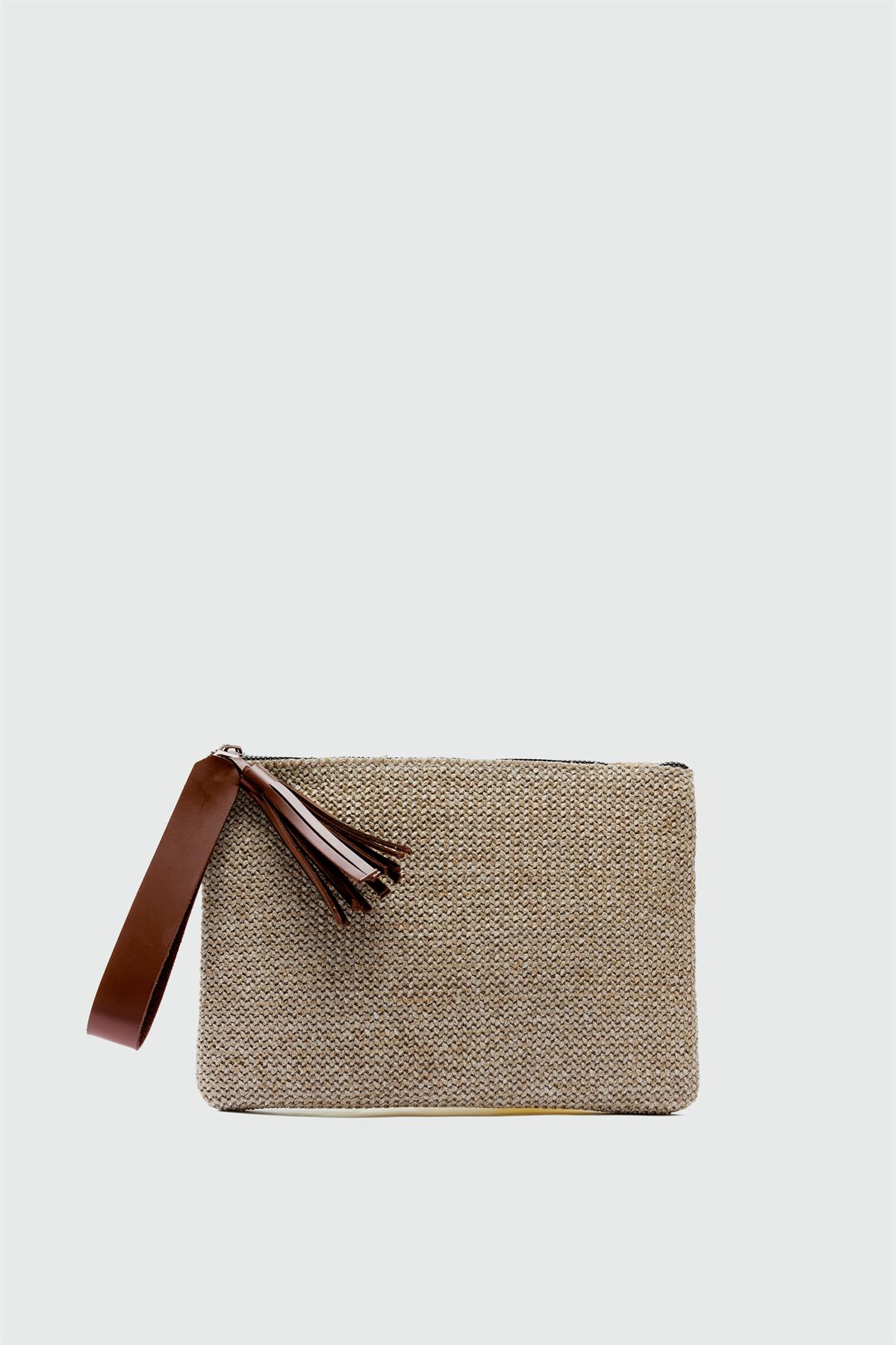 Juno Püskül Detaylı Hasır Clutch Çanta Taba