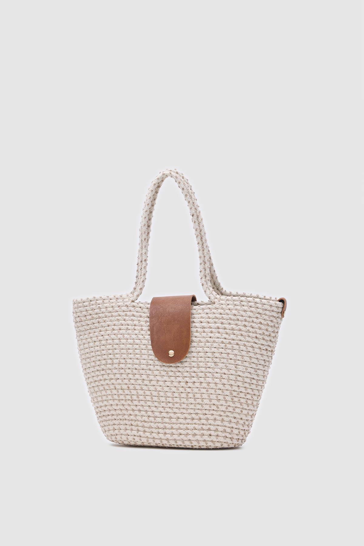 Duffy Kapaklı Handmade Hasır Tote Çanta Ekru