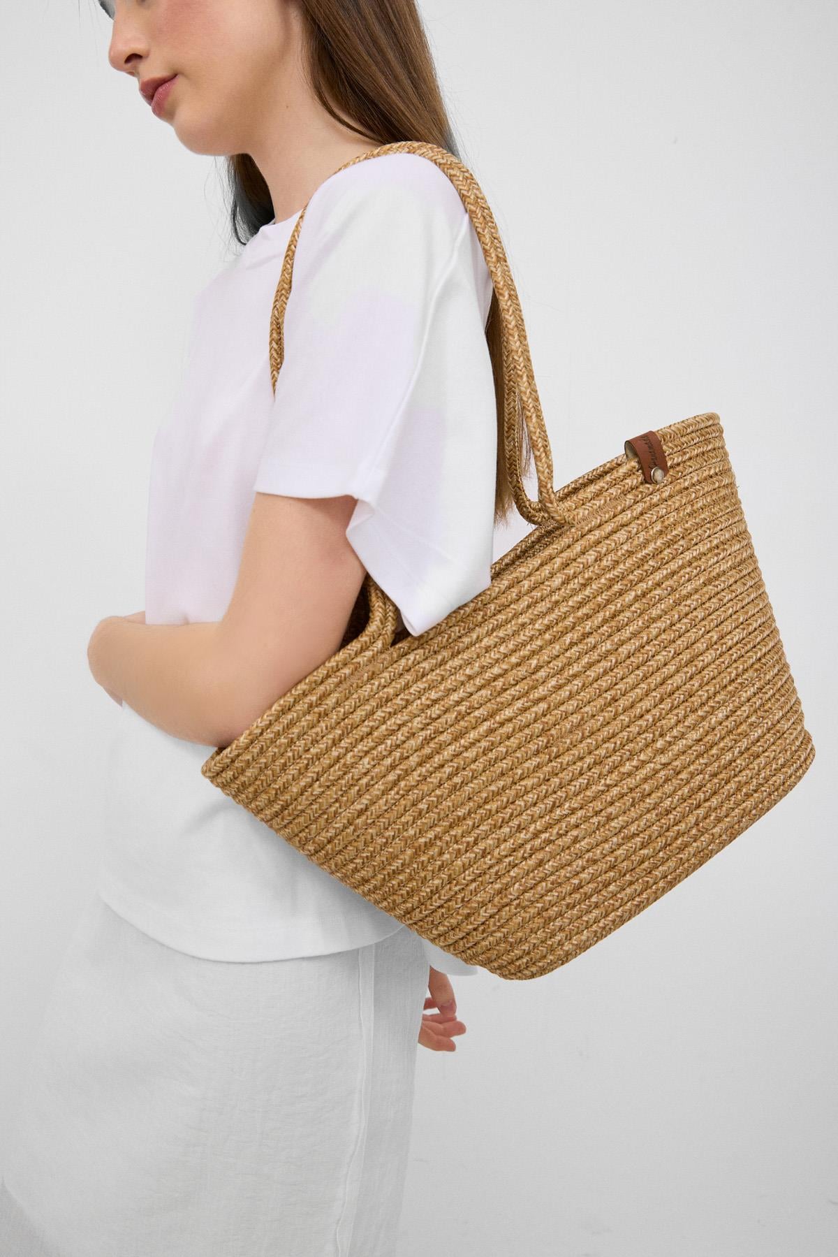 Dorena Handmade Hasır Omuz Çantası Vizon