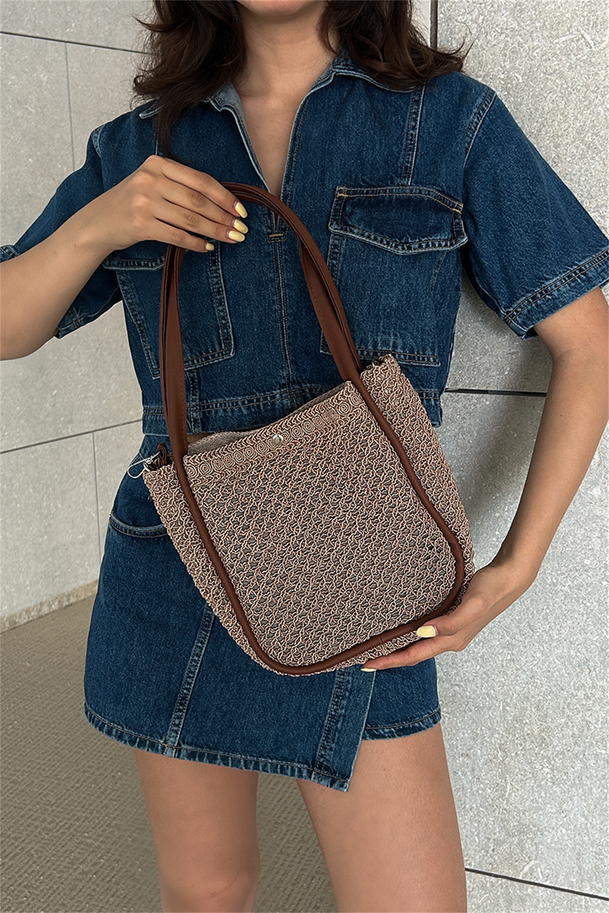 Palma Handmade Midi Hasır Omuz Çantası Vizon