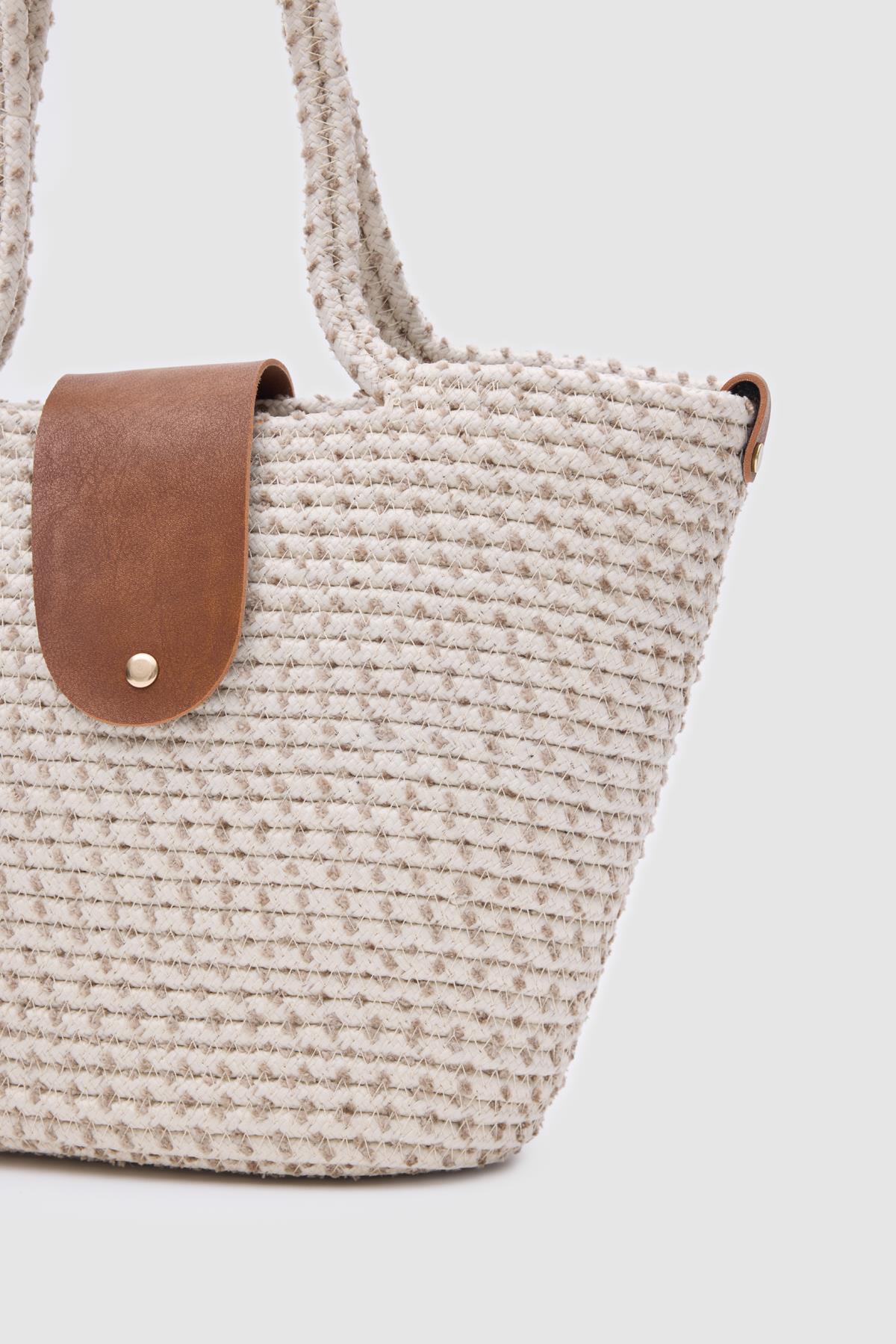 Duffy Kapaklı Handmade Hasır Tote Çanta Ekru