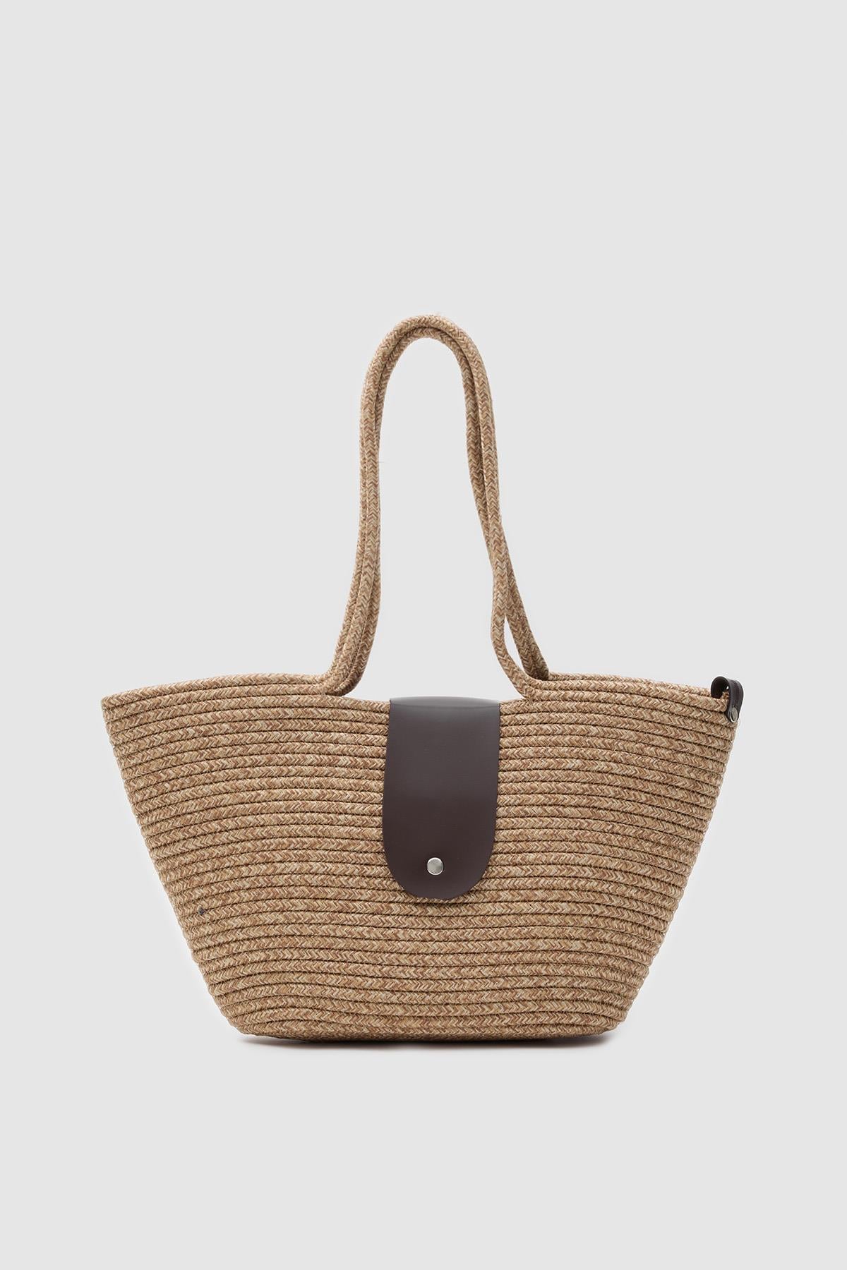 Duffy Kapaklı Handmade Hasır Tote Çanta Kahve