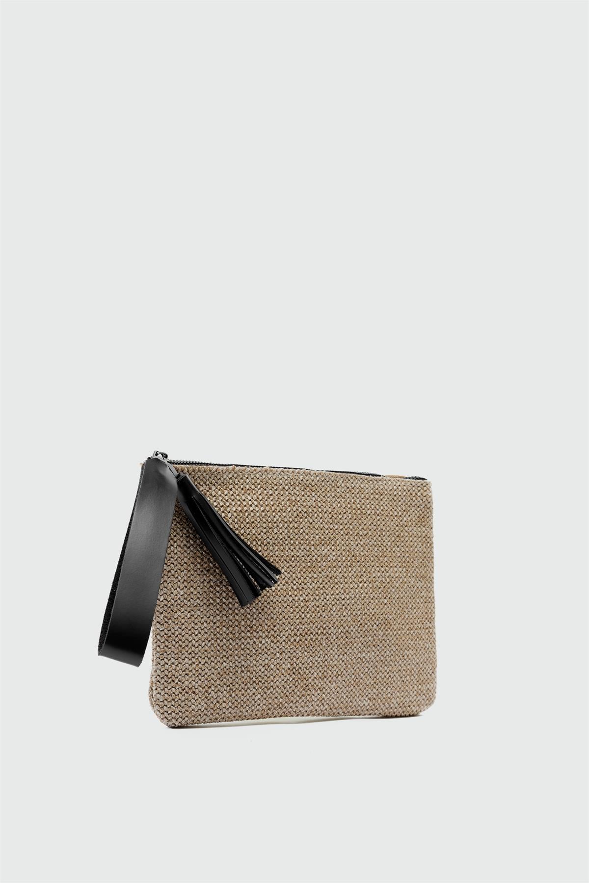 Juno Püskül Detaylı Hasır Clutch Çanta Siyah